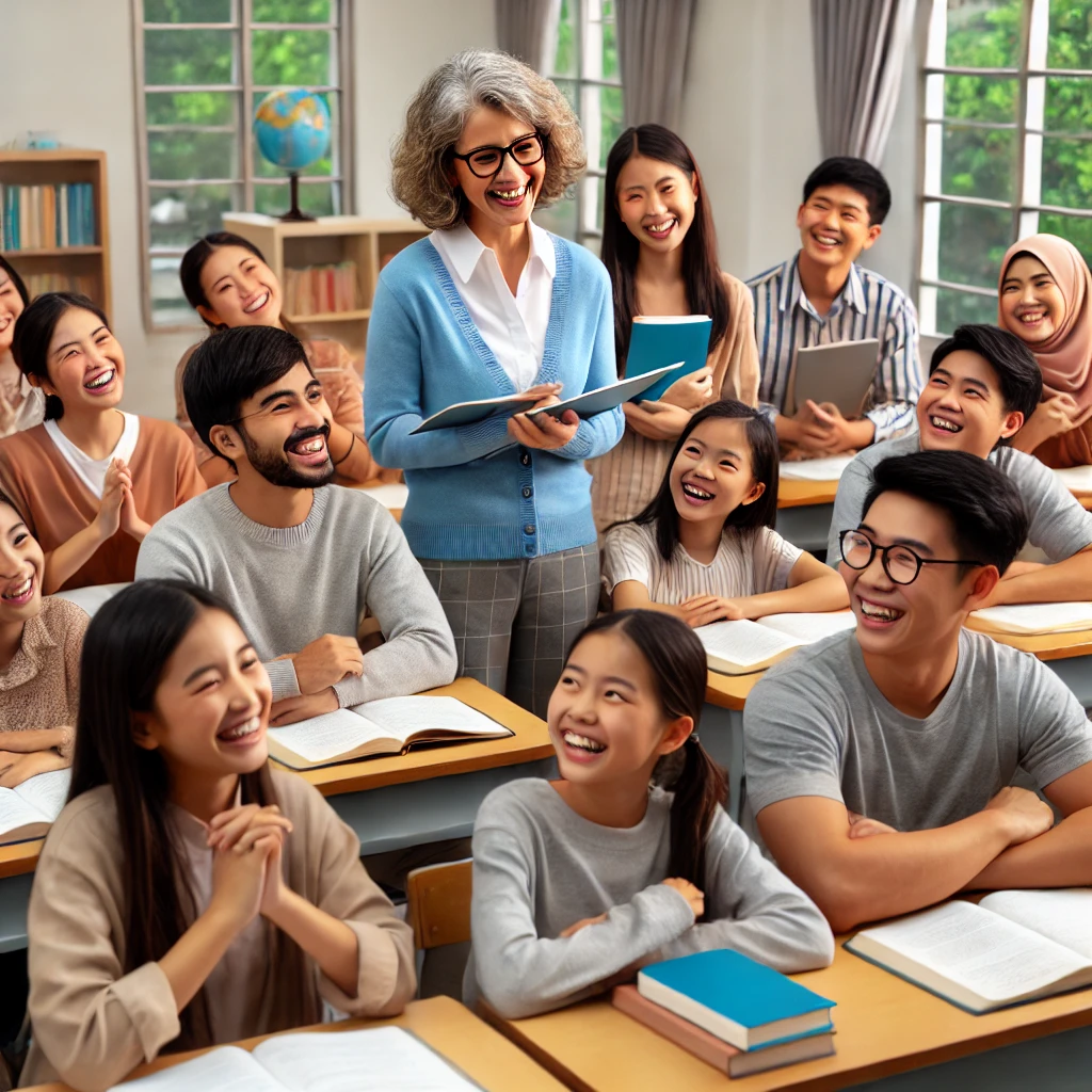 DALL·E 2024-07-05 14.34.31 - A joyful classroom scene with adult TEFL_TESOL students of mixed races being taught by an adult teacher, set in an Asian country. The settin
